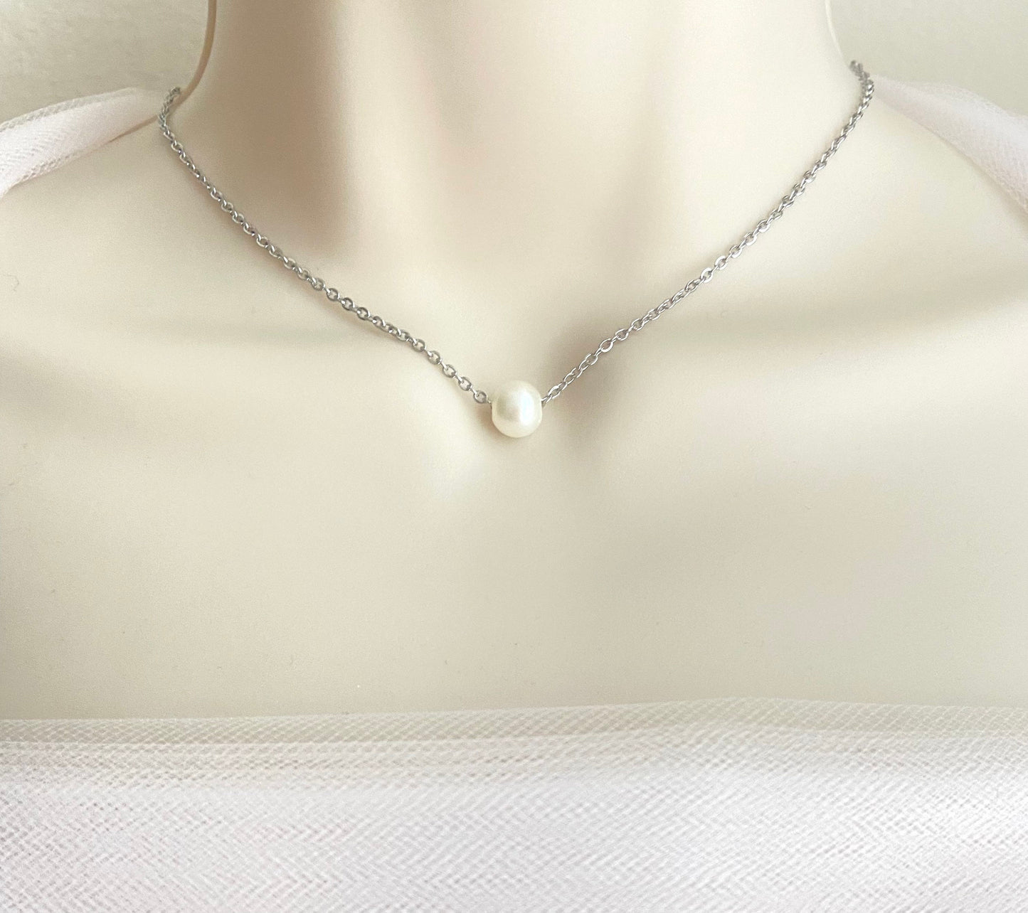 Stainless Steel Floating Pearl Necklace • Big Hole Pearl Necklace in Silver, Gold or Rose Gold