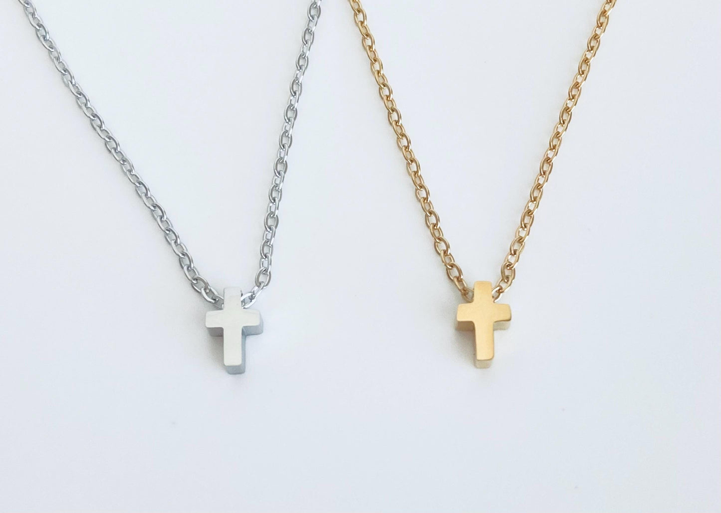 Stainless Steel Tiny Cross Charm Necklace • Minimalist Religious Necklace in Silver or Gold