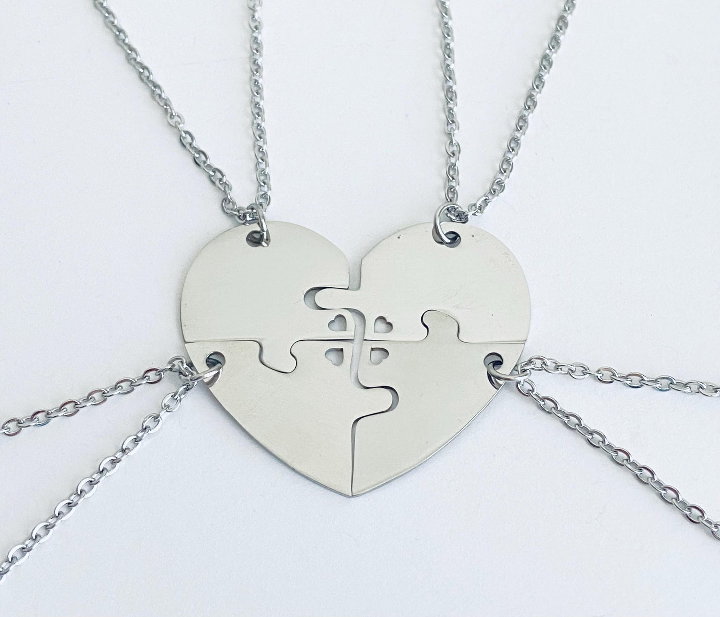Personalized Stainless Steel 4-Piece Puzzle Necklace Set with Tiny Heart Cutout • Custom Engraved Matching Necklaces