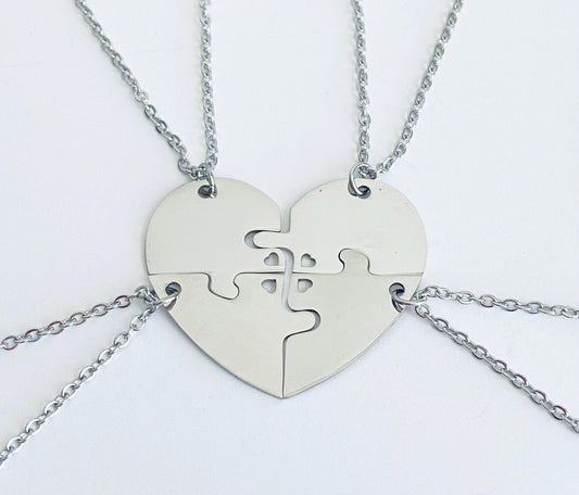 Personalized Stainless Steel 4-Piece Puzzle Necklace Set with Tiny Heart Cutout • Custom Engraved Matching Necklaces