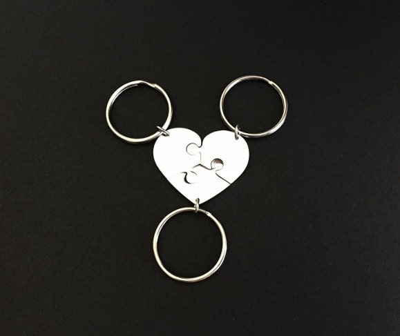 Personalized 3-Piece Heart Puzzle Keychain Set • Custom Engraved Matching Key Chains for Family & Friends