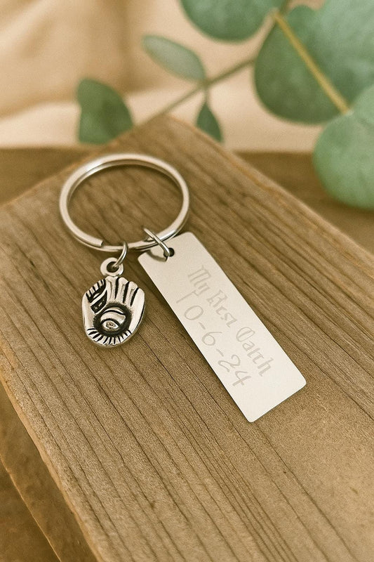 Personalized Key Chain with Baseball Mitten Charm • Custom Engraved Stainless Steel Keychain