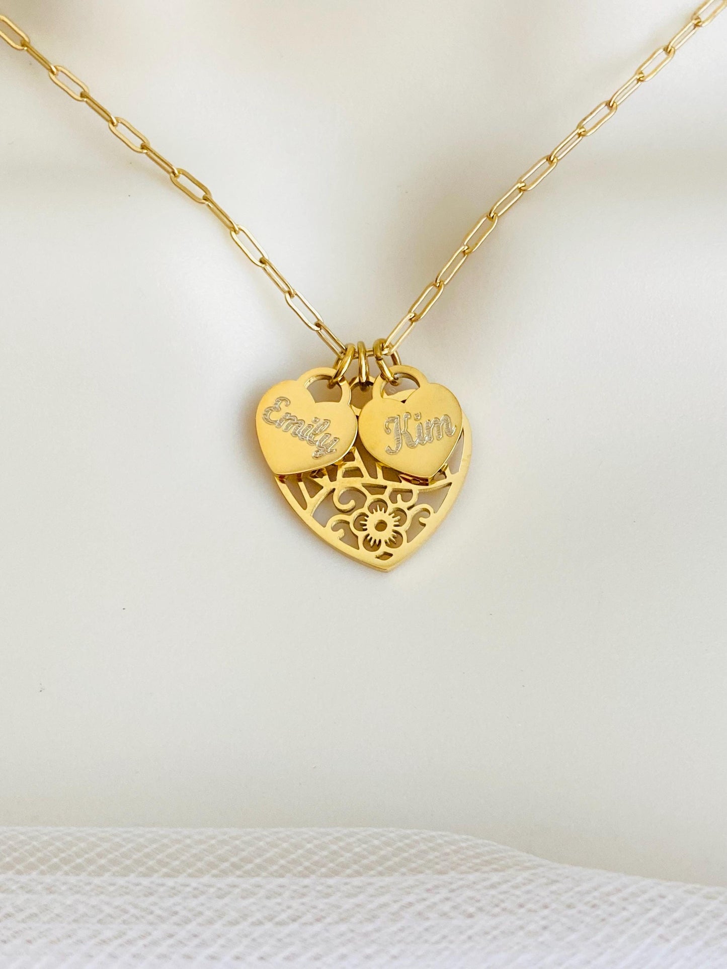 Personalized Nana Necklace with Engraved Heart Charms • Custom Grandma Necklace in Stainless Steel or Gold