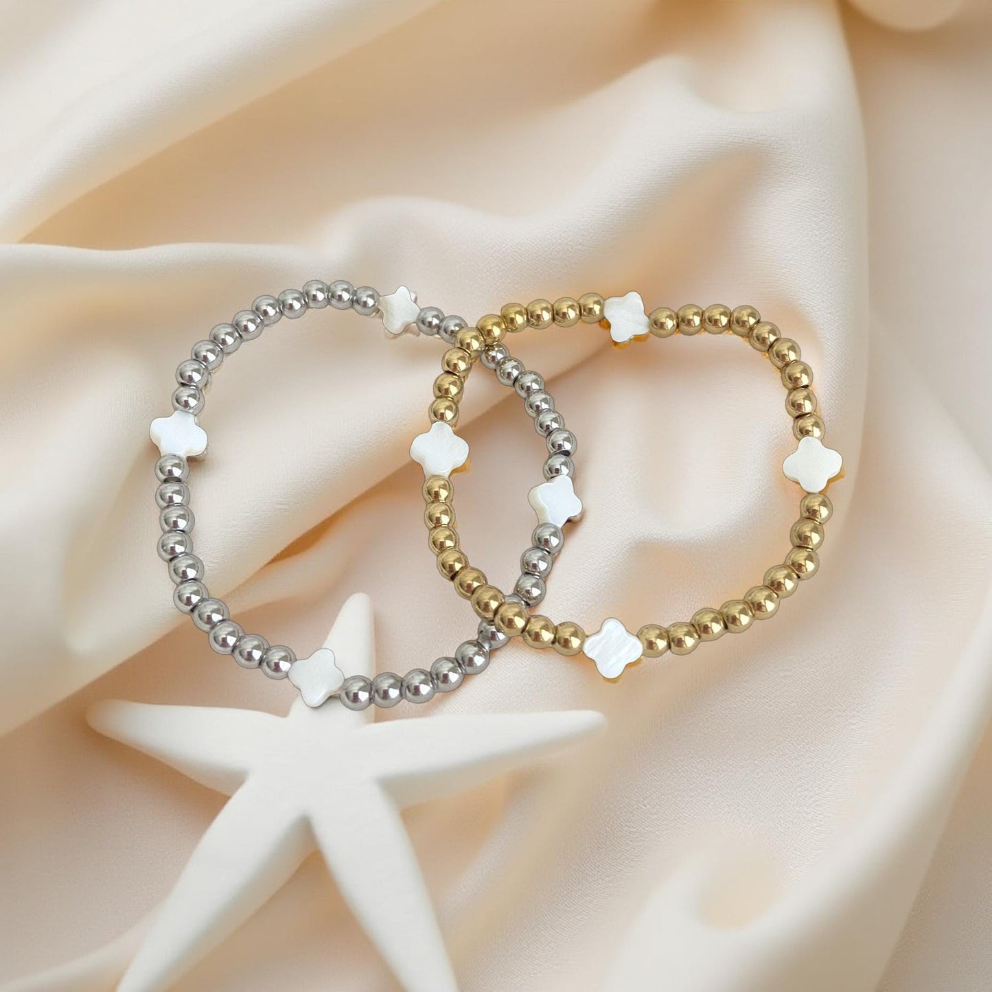 Stainless Steel Beaded Stretch Bracelet with Shell Clover Beads • Lucky Charm Jewelry for Women