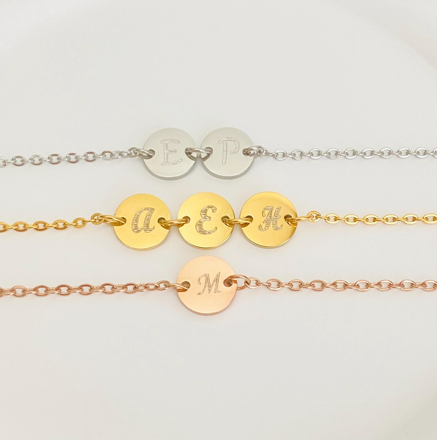 Personalized Stainless Steel Initial Bracelet. Engraved Round Charm Bracelet. Minimalist Layering Jewelry.