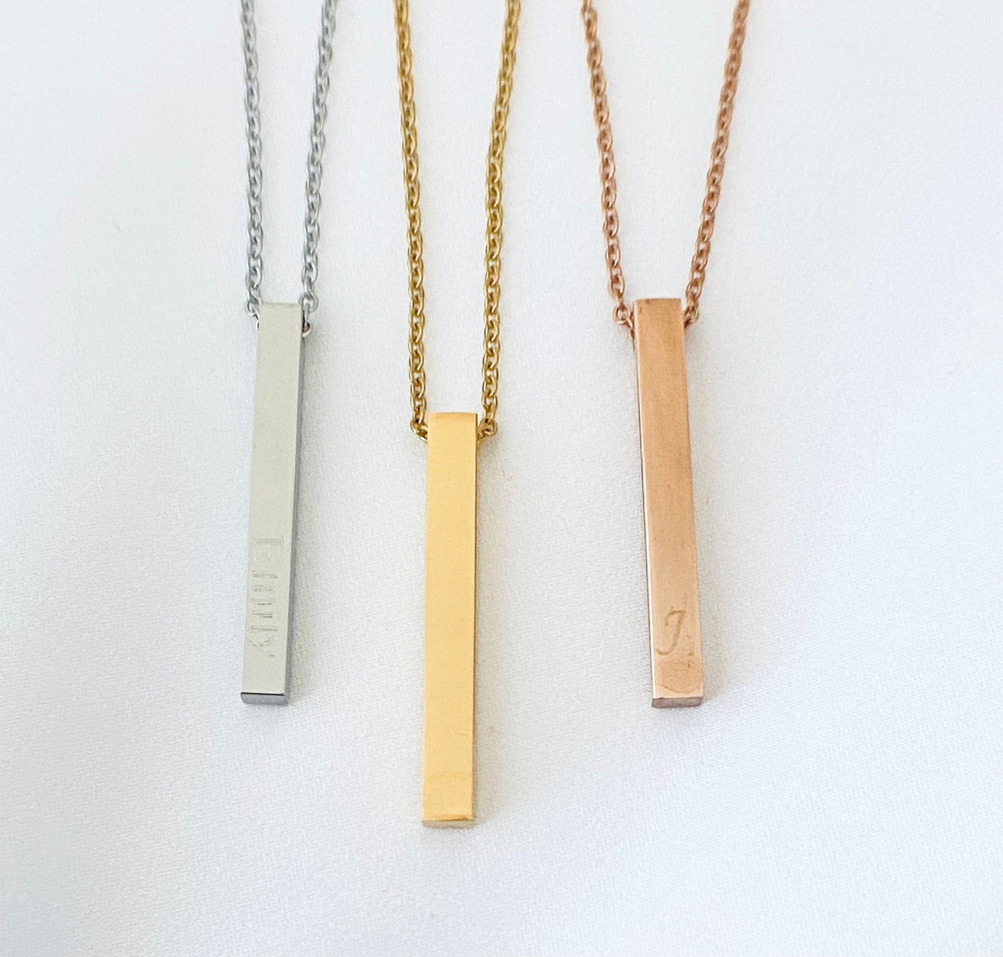 Personalized Long Square Bar Necklace • Stainless Steel, Gold or Rose Gold Custom Engraved Necklace