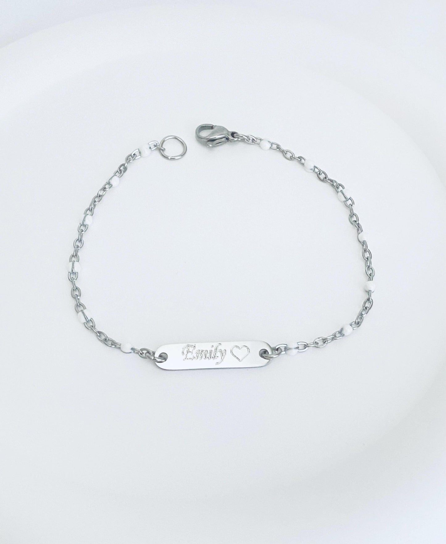 Personalized Stainless Steel Mini Bar Bracelet with White Enamel Beaded Chain • Custom Engraved Name Bracelet
