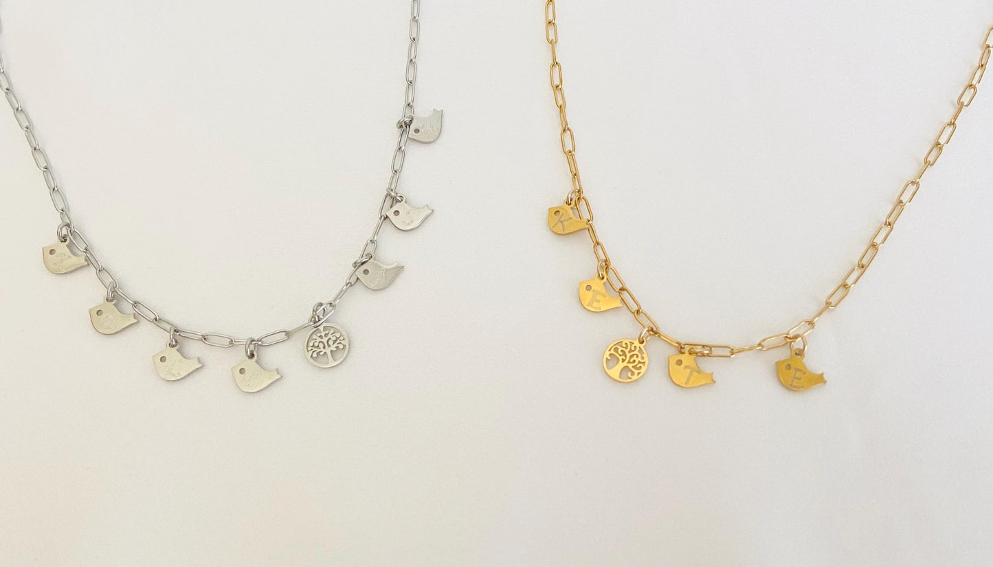Stainless Steel Family Tree Pendant Necklace with Baby Bird Charms • Personalized Mother Necklace