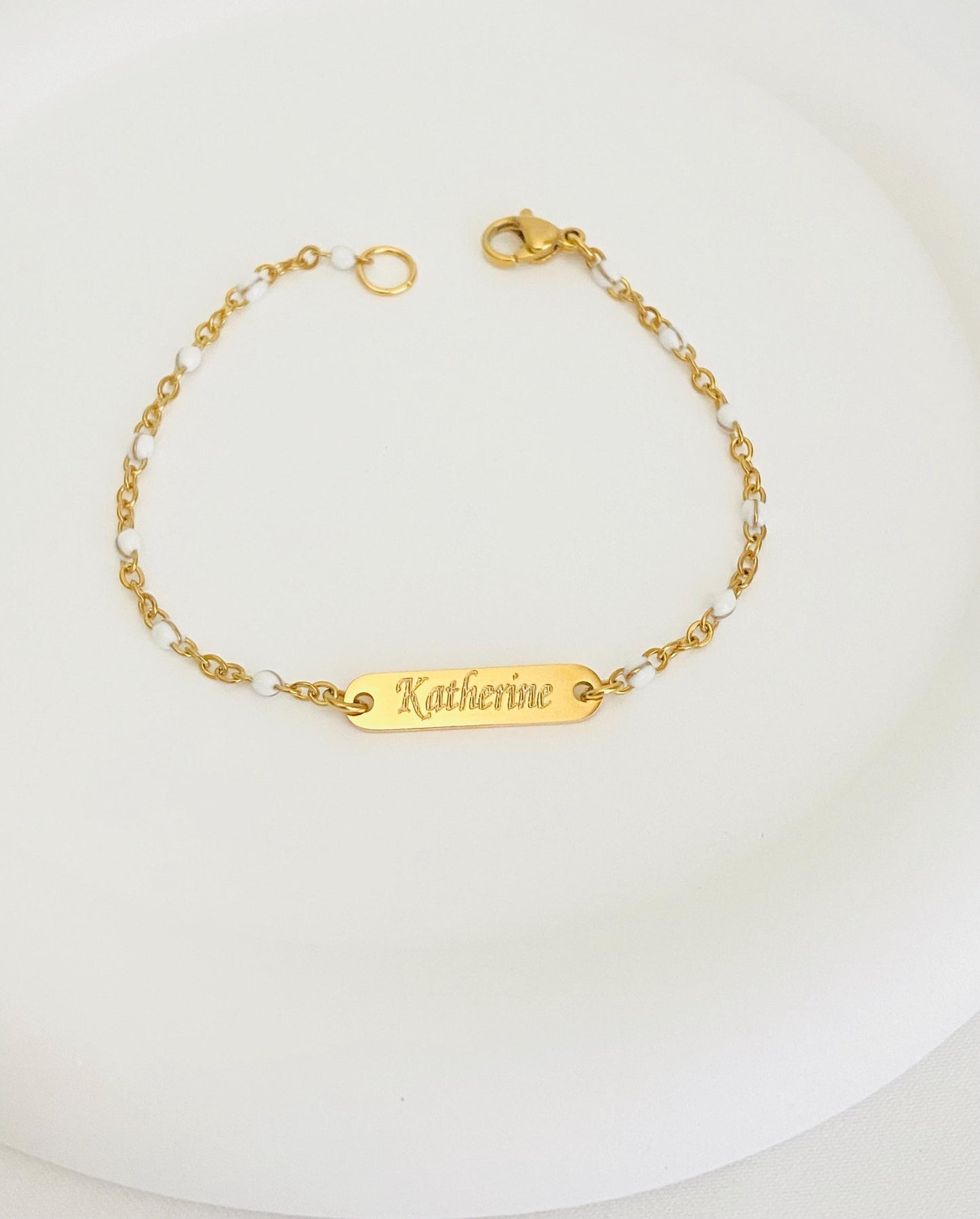 Personalized Stainless Steel Mini Bar Bracelet with White Enamel Beaded Chain • Custom Engraved Name Bracelet