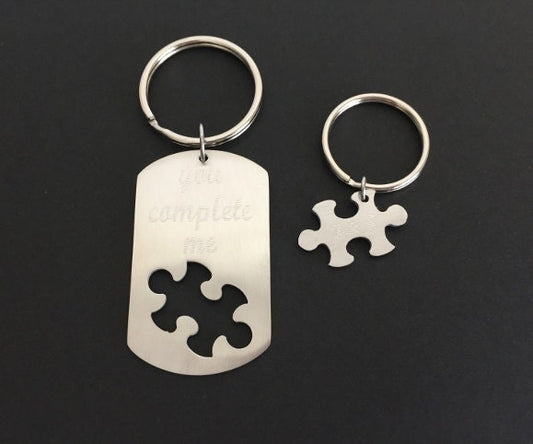 Personalized Stainless Steel Puzzle Key Chain Set • Interlocking Puzzle Piece Dog Tag Key Chains
