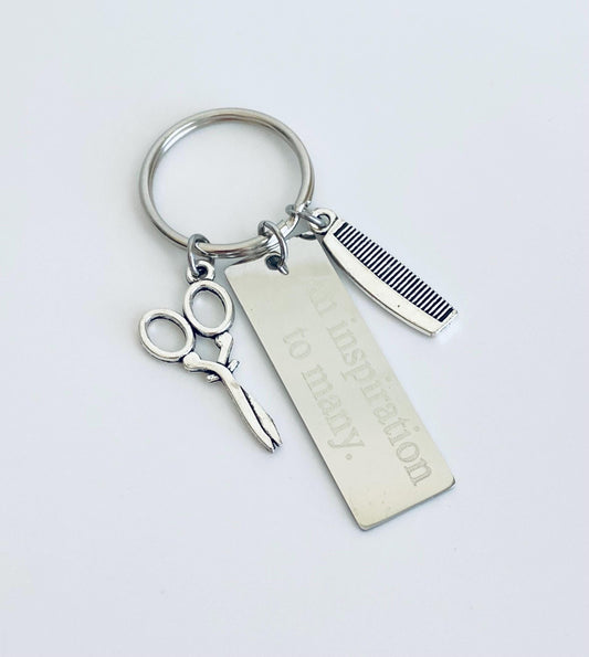Personalized Hair Stylist Keychain with Comb and Scissor Charm • Engraved Gift for Hairdresser, Barber or Cosmetologist