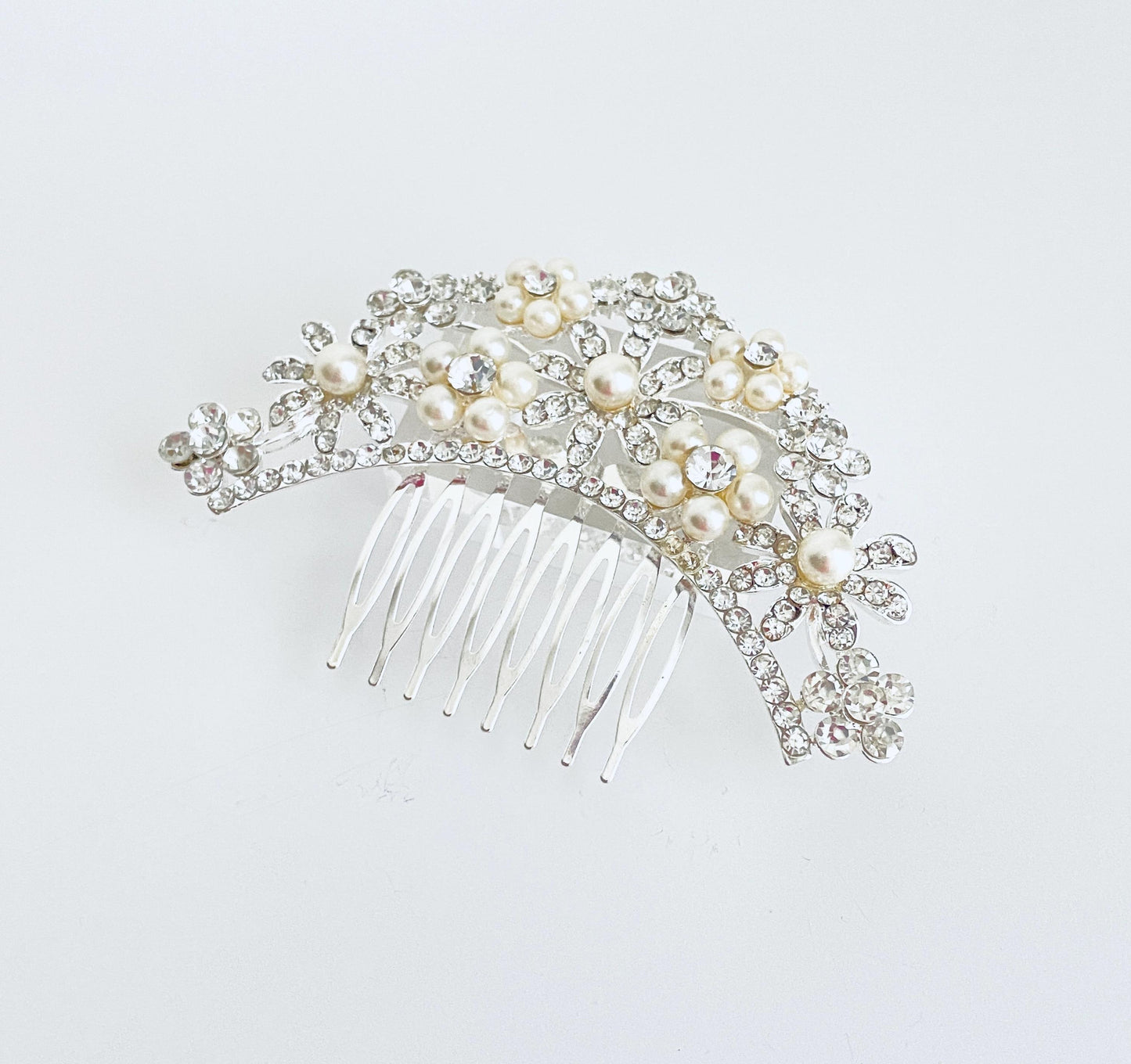 Rhinestone and White Glass Pearl Hair Comb • Elegant Wedding Hair Comb for Bridal Veil