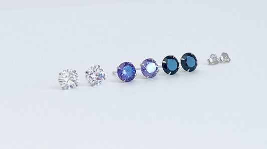 Sterling Silver Crystal Stud Earrings • 925 Silver Studs with Cubic Zirconia, Amethyst or Onyx