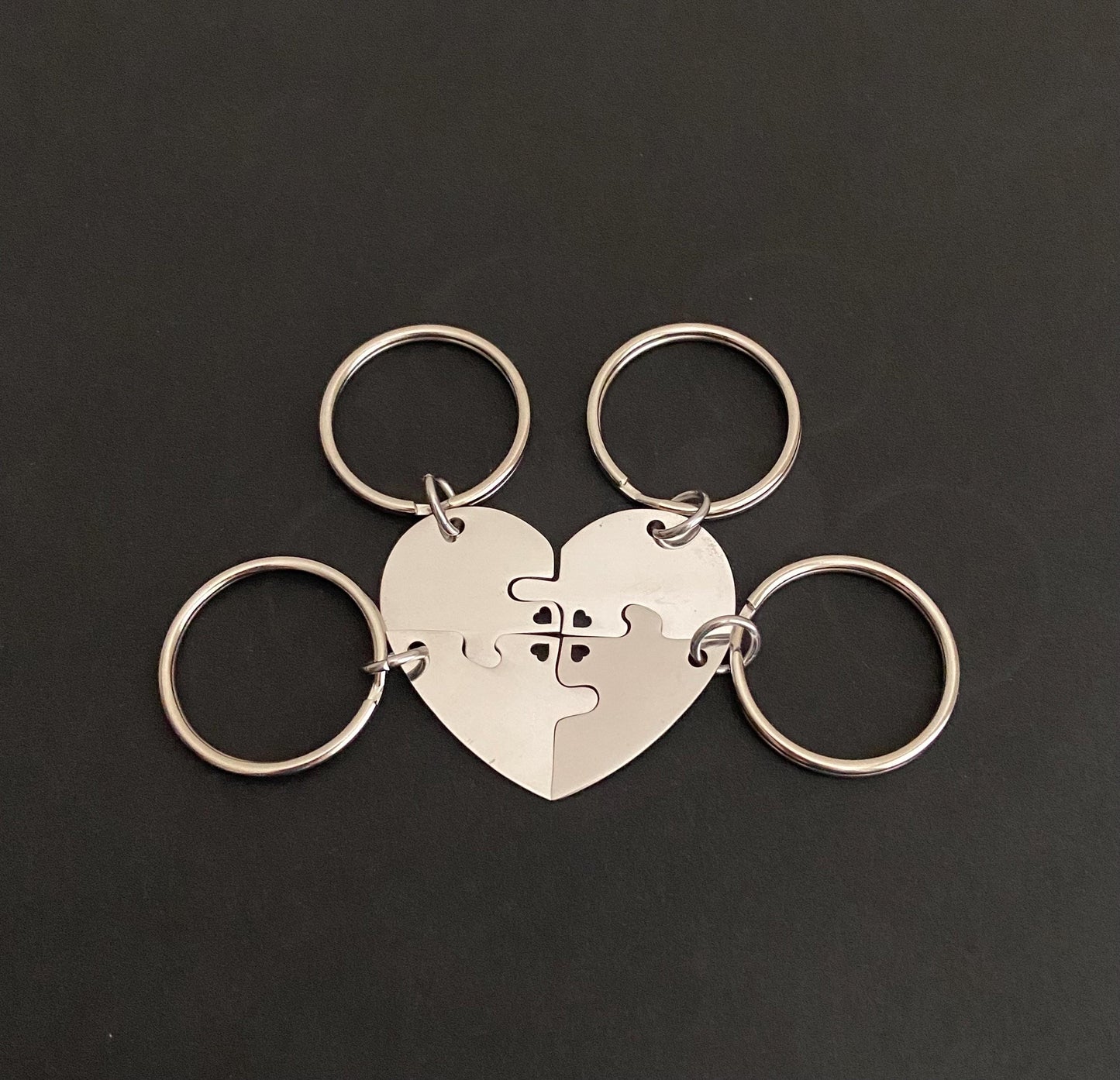 Personalized Stainless Steel 4-Piece Puzzle Key Chain Set with Tiny Heart Cutout • Custom Engraved Matching KeyChains
