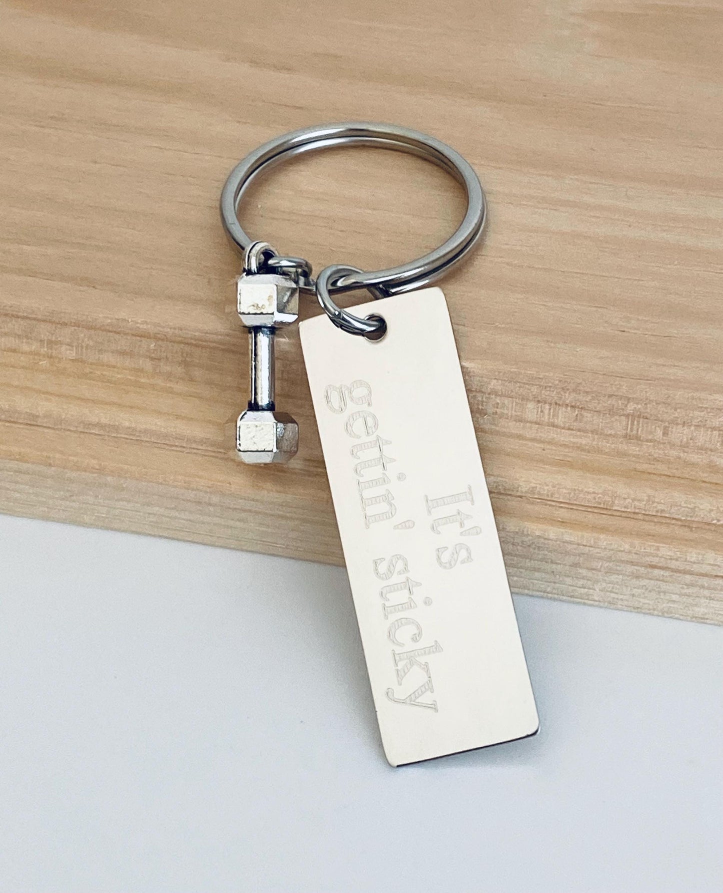 Personalized Key Chain with Small Dumbbell Charm • Custom Engraved Stainless Steel Fitness Keychain