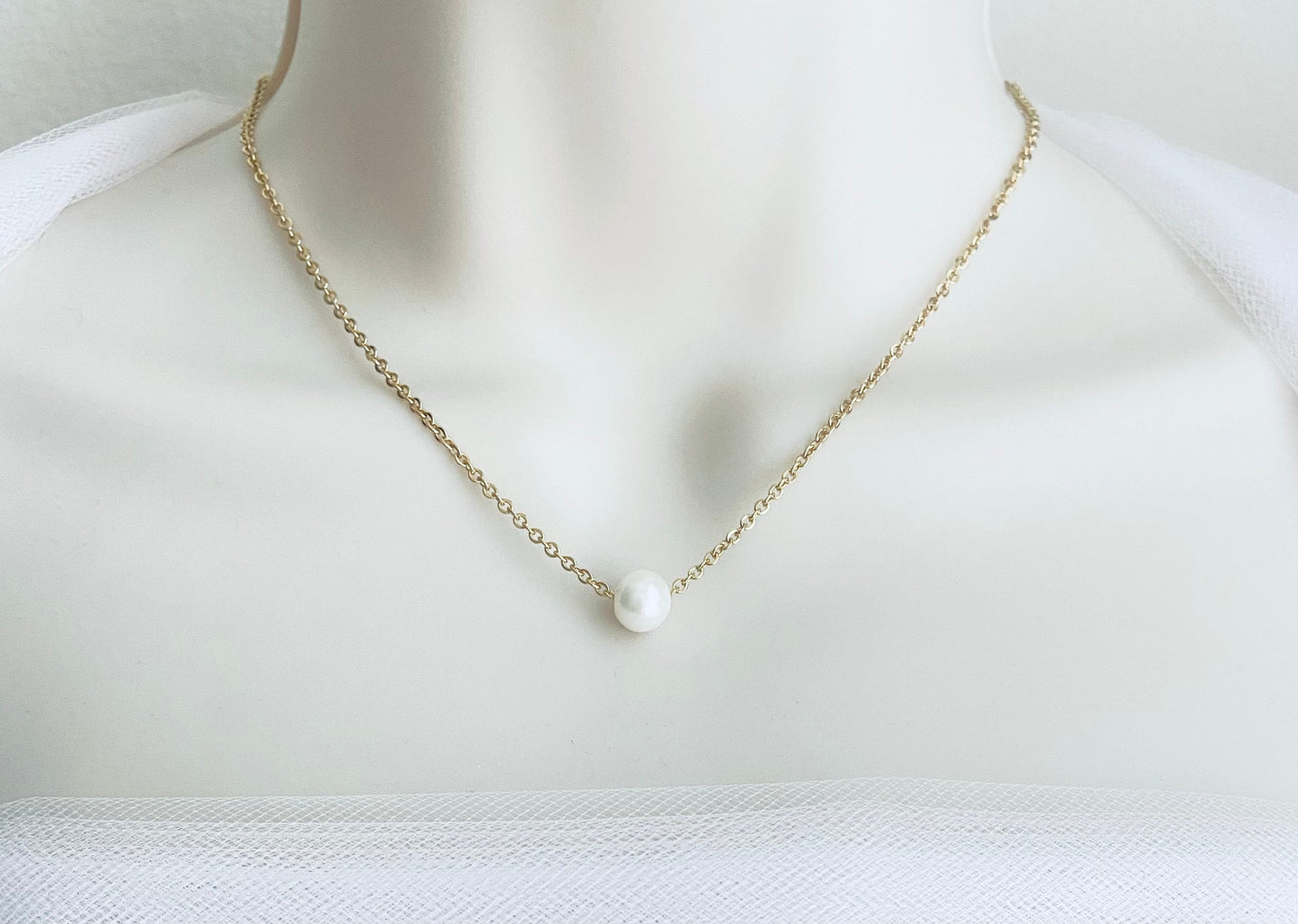 Stainless Steel Floating Pearl Necklace • Big Hole Pearl Necklace in Silver, Gold or Rose Gold