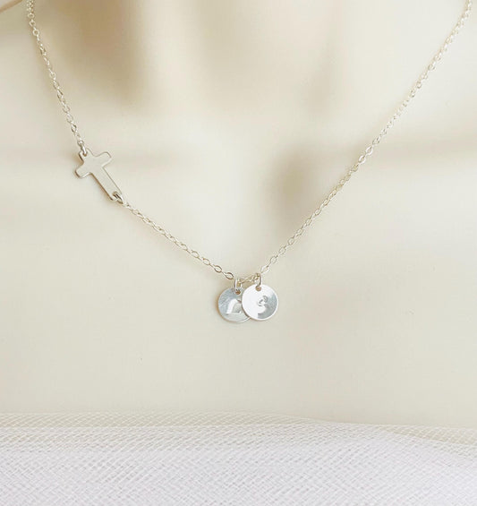 Personalized Cross Necklace with Hand Stamped Initial Charm • Custom Faith Necklace