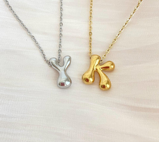 Stainless Steel Large Bubble Initial Charm Necklace • Personalized Letter Necklace in Stainless Steel or Gold Over Stainless Steel