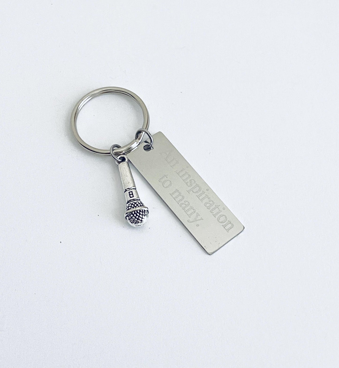 Personalized Key Chain with Microphone Charm • Custom Engraved Stainless Steel Keychain
