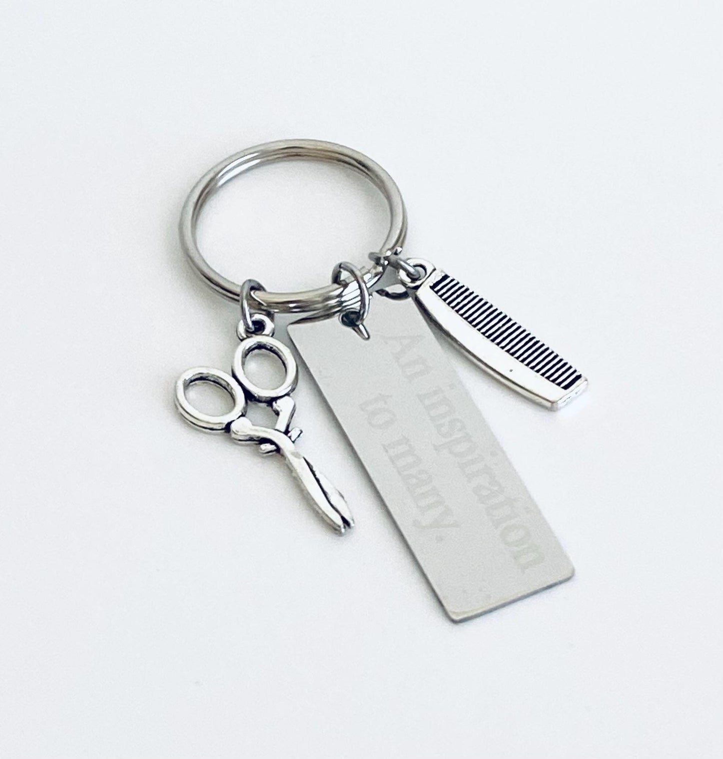 Personalized Hair Stylist Keychain with Comb and Scissor Charm • Engraved Gift for Hairdresser, Barber or Cosmetologist
