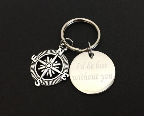 Personalized Compass Keychain • Custom Engraved Compass Key Ring Gift for Him or Her