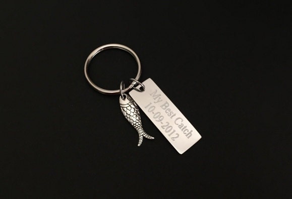 Personalized Stainless Steel Tag with Fish Charm Key Chain • Custom Engraved Fishing Gift