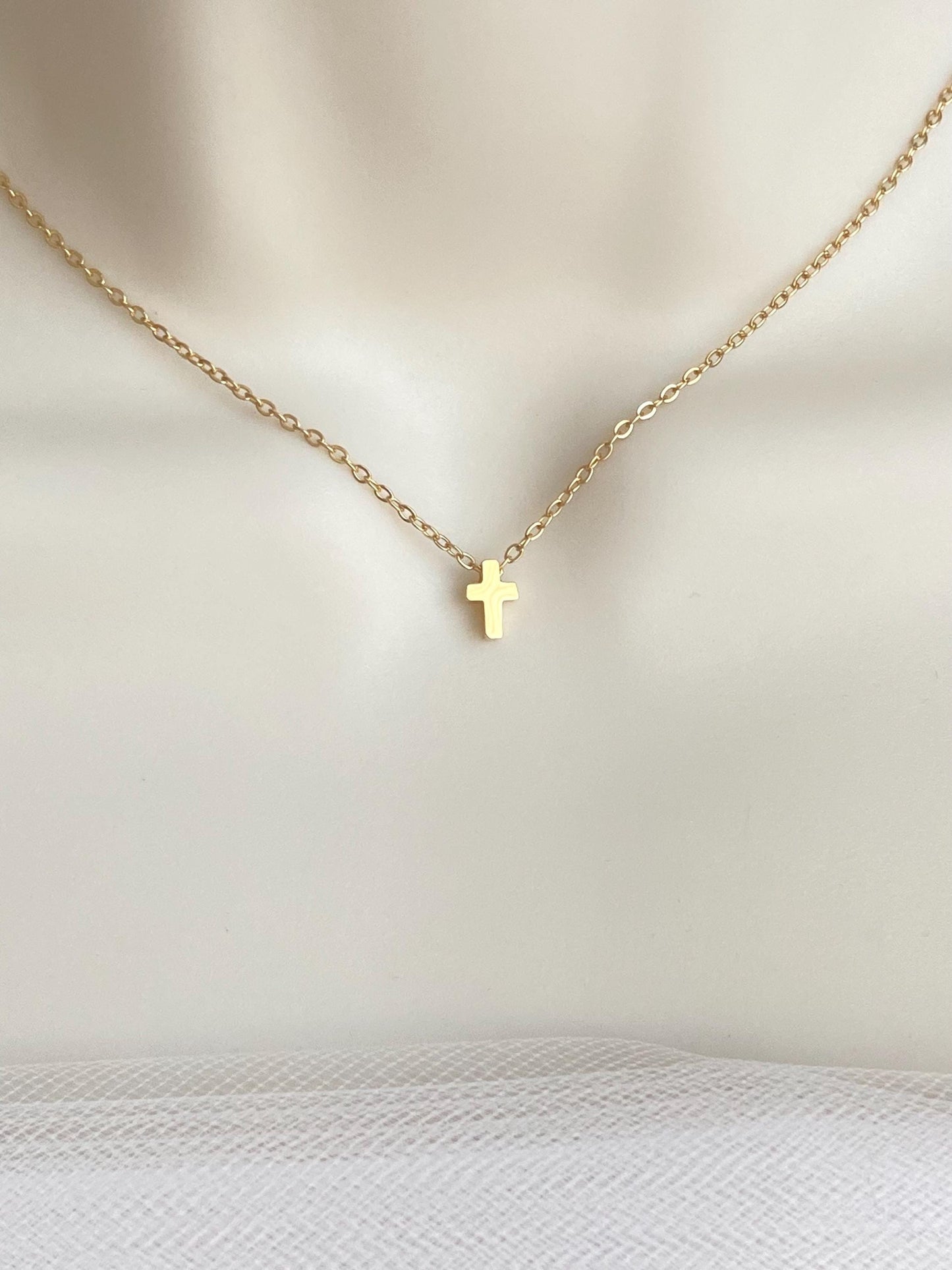 Stainless Steel Tiny Cross Charm Necklace • Minimalist Religious Necklace in Silver or Gold