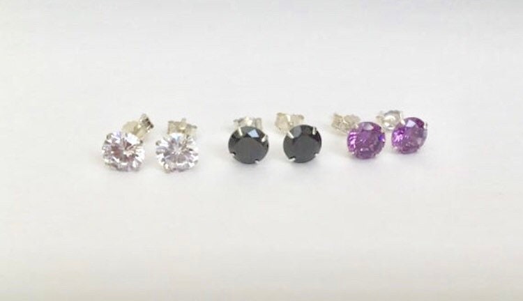 Sterling Silver Crystal Stud Earrings • 925 Silver Studs with Cubic Zirconia, Amethyst or Onyx