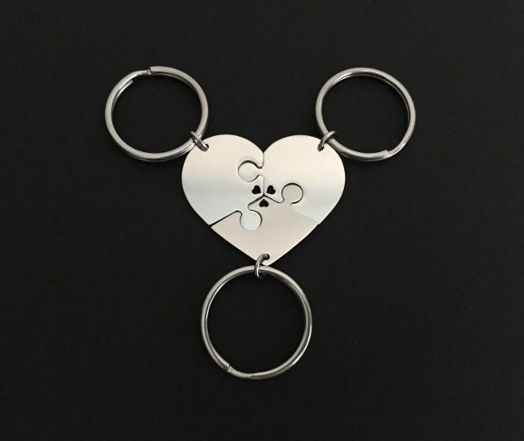 Personalized 3-Piece Heart Puzzle Keychain Set • Custom Engraved Matching Key Chains for Family & Friends