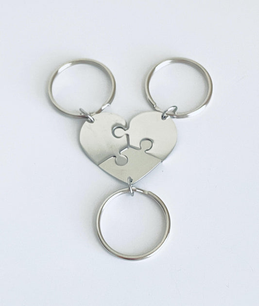 Personalized 3-Piece Heart Puzzle Keychain Set • Custom Engraved Matching Key Chains for Family & Friends