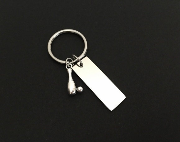 Personalized Key Chain with Bowling Pin Charm • Custom Engraved Bowling Gift