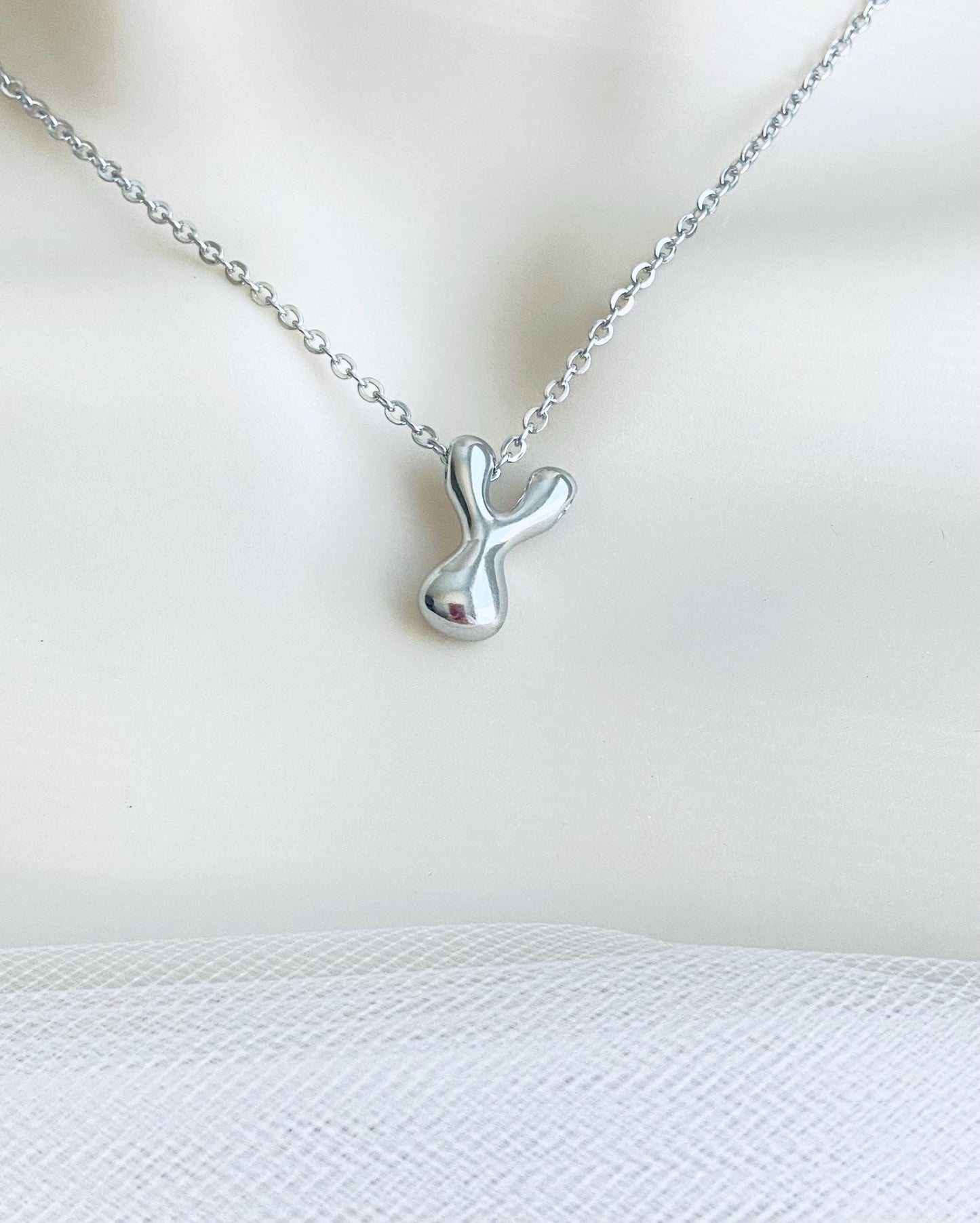 Stainless Steel Large Bubble Initial Charm Necklace • Personalized Letter Necklace in Stainless Steel or Gold Over Stainless Steel