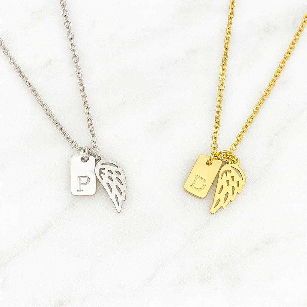 Personalized Angel Wing Necklace with Initial Tag • Stainless Steel or Gold Custom Charm Necklace