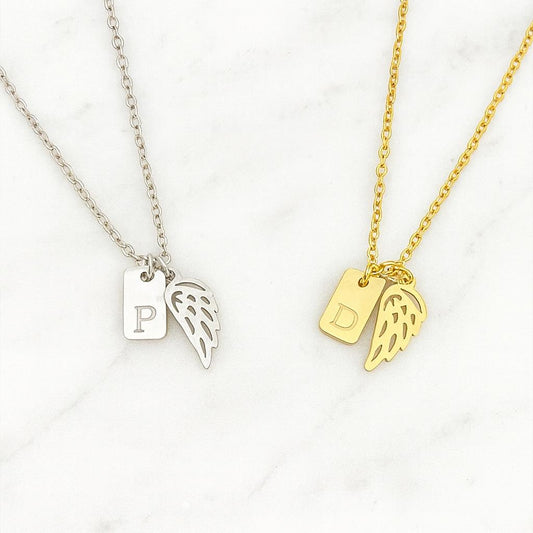 Personalized Angel Wing Necklace with Initial Tag • Stainless Steel or Gold Custom Charm Necklace