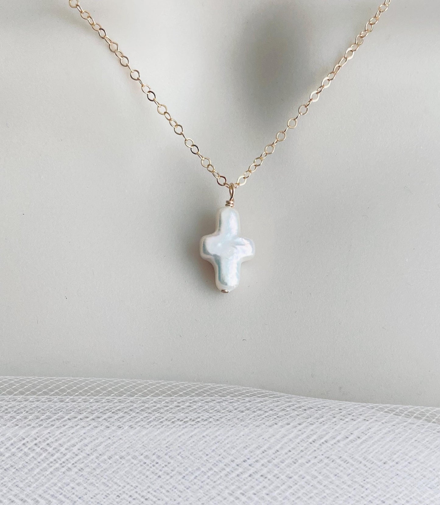 White Freshwater Pearl Cross Pendant Necklace in Sterling Silver or Gold Filled • Christian Faith Jewelry Gift