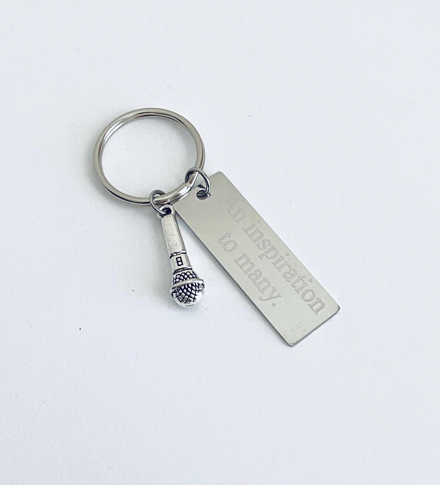 Personalized Key Chain with Microphone Charm • Custom Engraved Stainless Steel Keychain