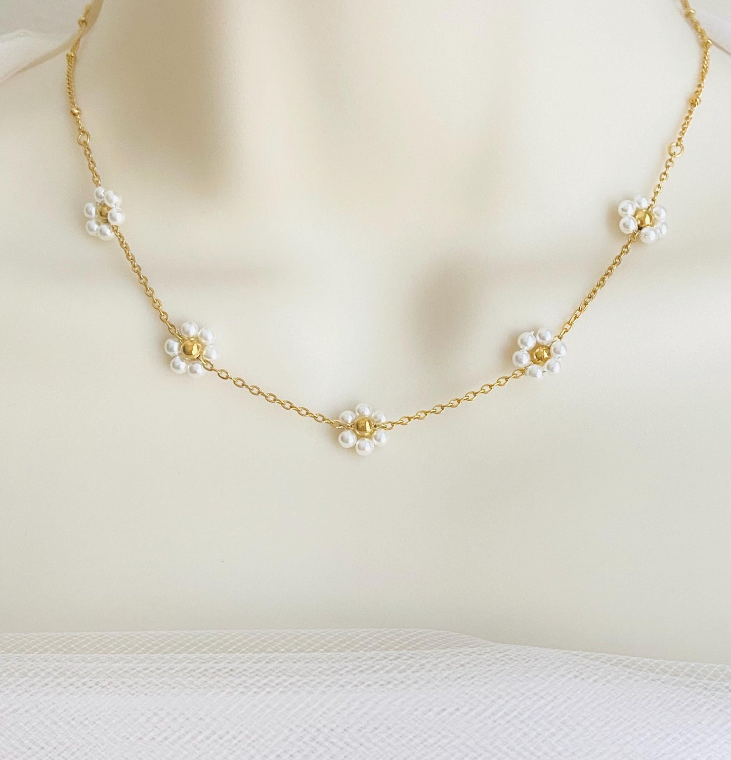 18K Gold Over Stainless Steel Glass Daisy Flower Necklace • Floral Pendant Necklace