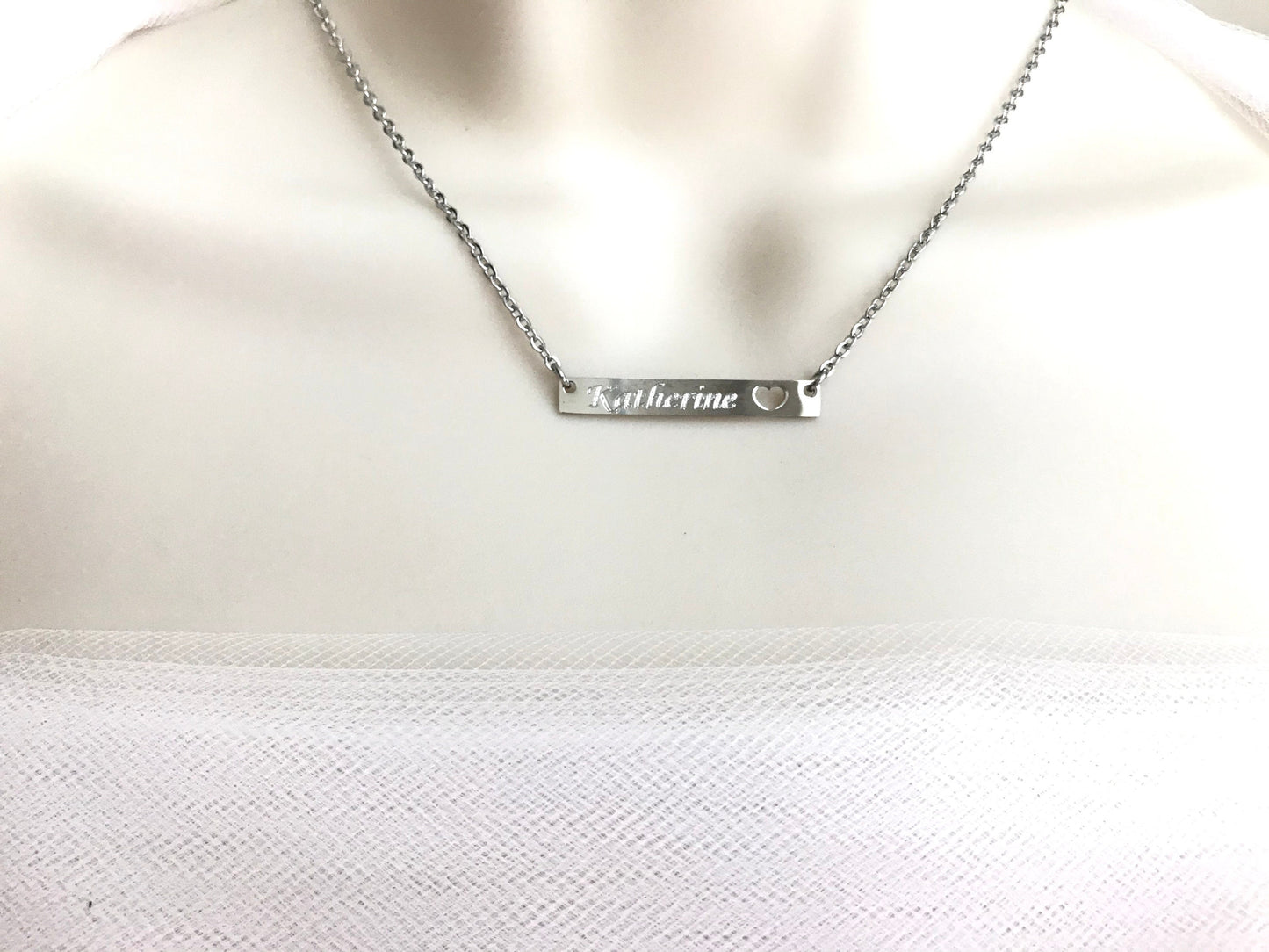 Stainless Steel Skinny Long Bar Necklace with Heart Cutout • Minimalist Name Bar Pendant