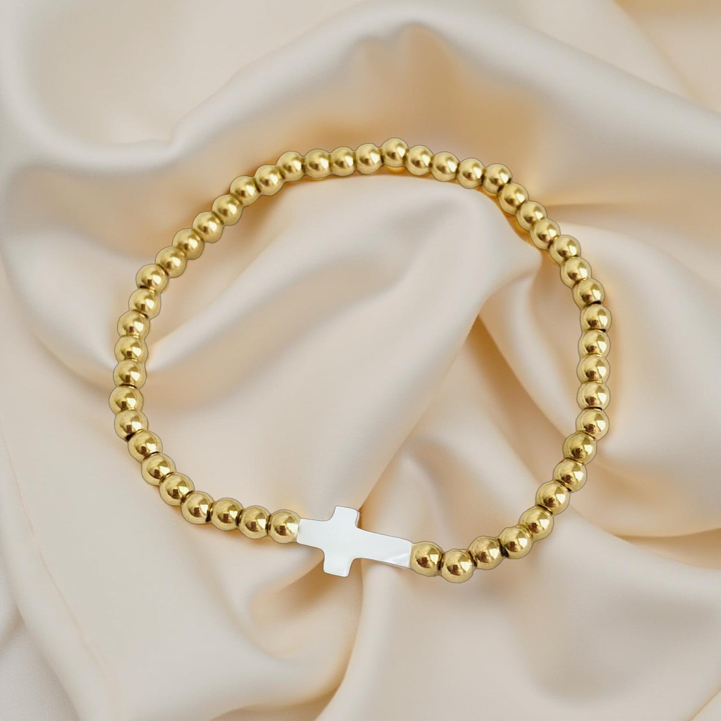 Stainless Steel Beaded Stretch Bracelet with Shell Cross • Christian Faith Jewelry Gift