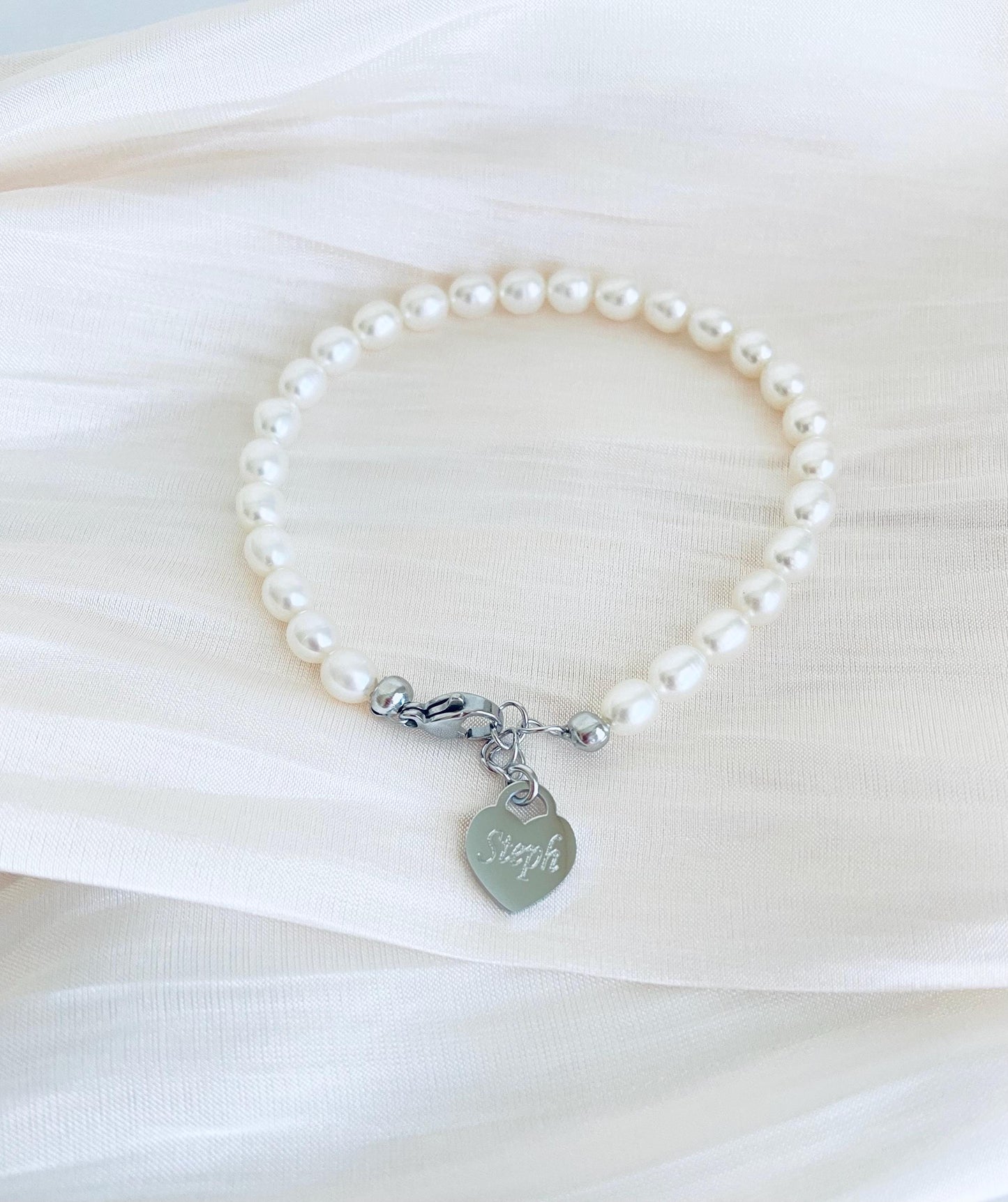 White Freshwater Pearl Bracelet with Personalized Stainless Steel Heart Charm • Custom Pearl Jewelry Gift
