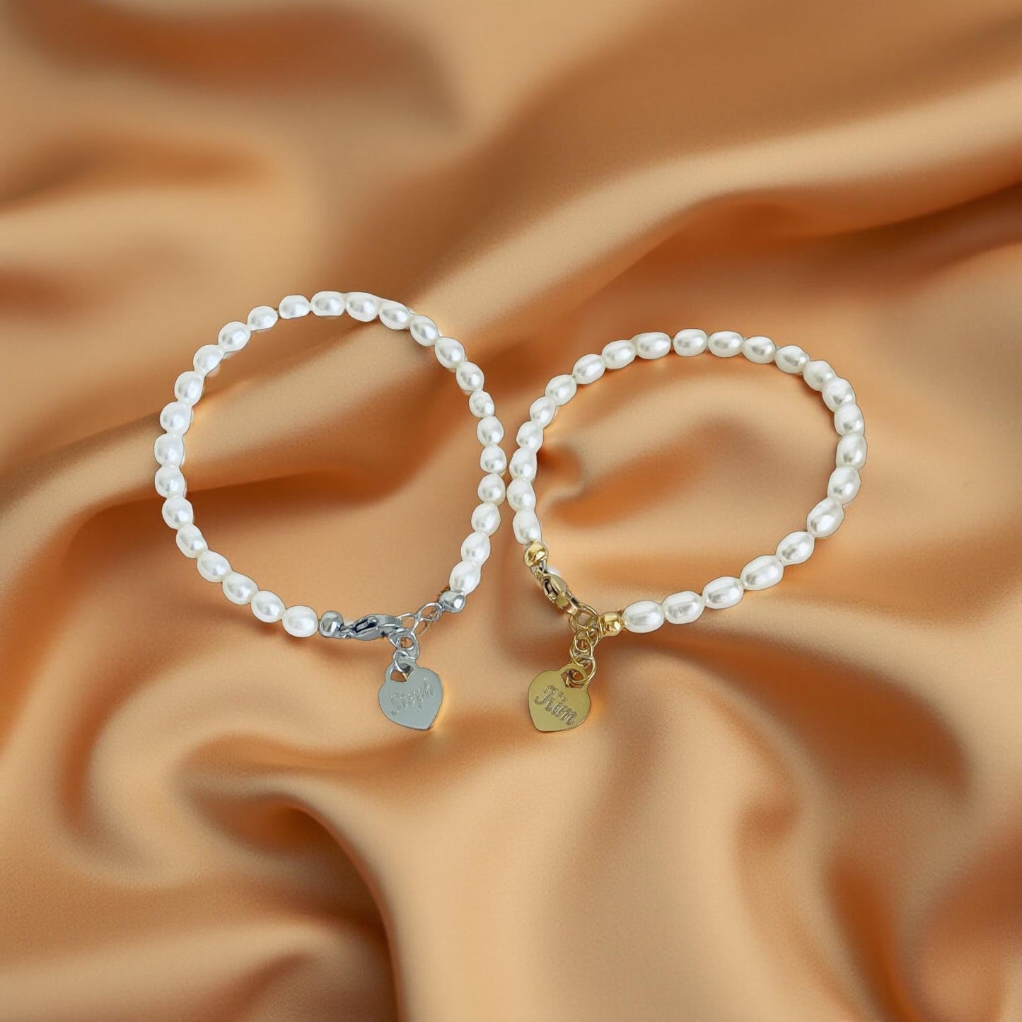White Freshwater Pearl Bracelet with Personalized Stainless Steel Heart Charm • Custom Pearl Jewelry Gift