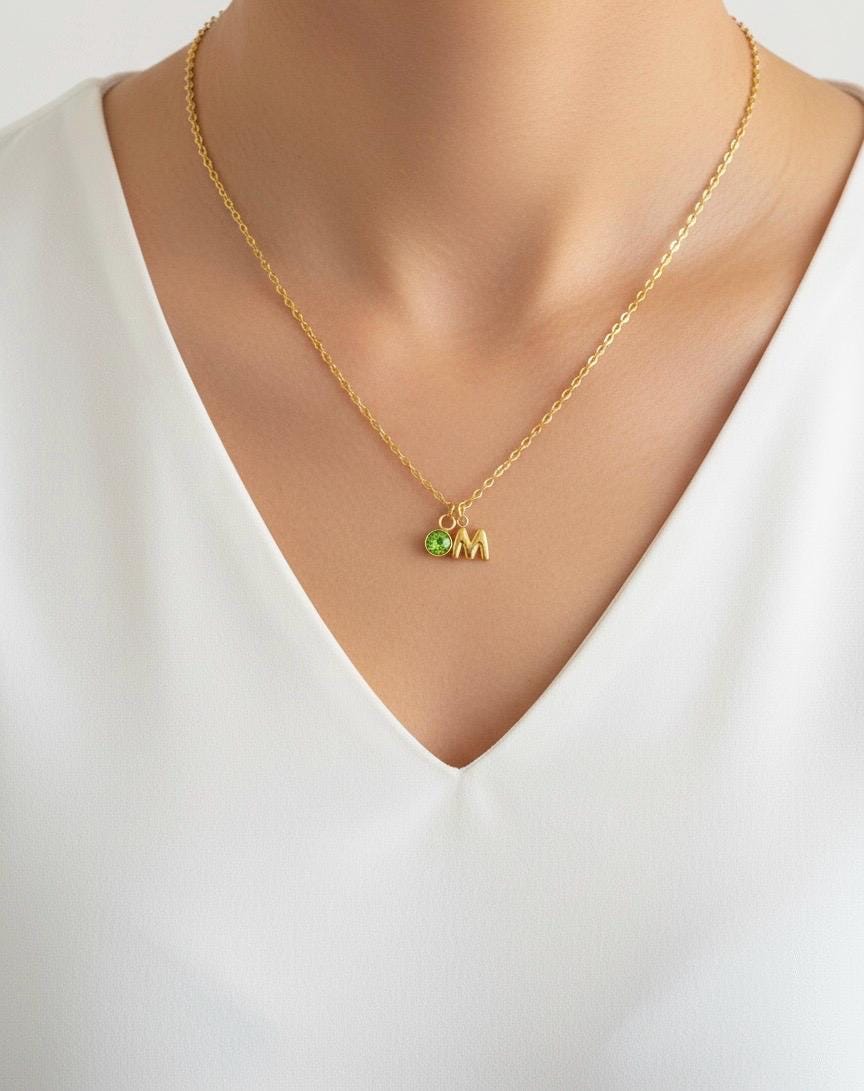 Personalized Birthstone & Small Bubble Initial Necklace • Gift for Her