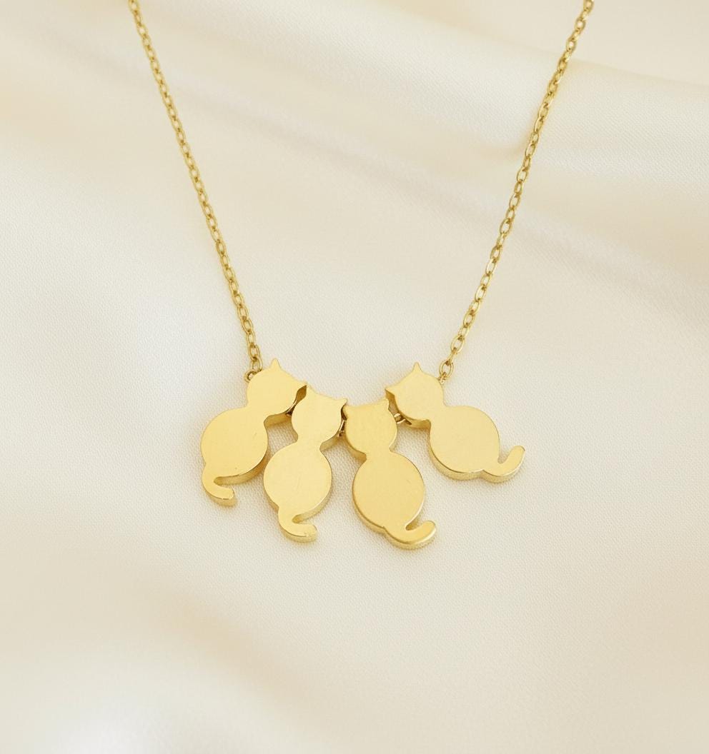Personalized Gold Cat Necklace • Gold Initial Cat Family Pendant • Minimal Cat Lover Jewelry • Custom Pet Mom Gift • Cat Charm Necklace