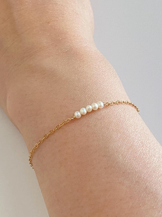 Tiny White Freshwater Pearl Bar Bracelet • Sterling Silver, Gold Filled or Rose Gold