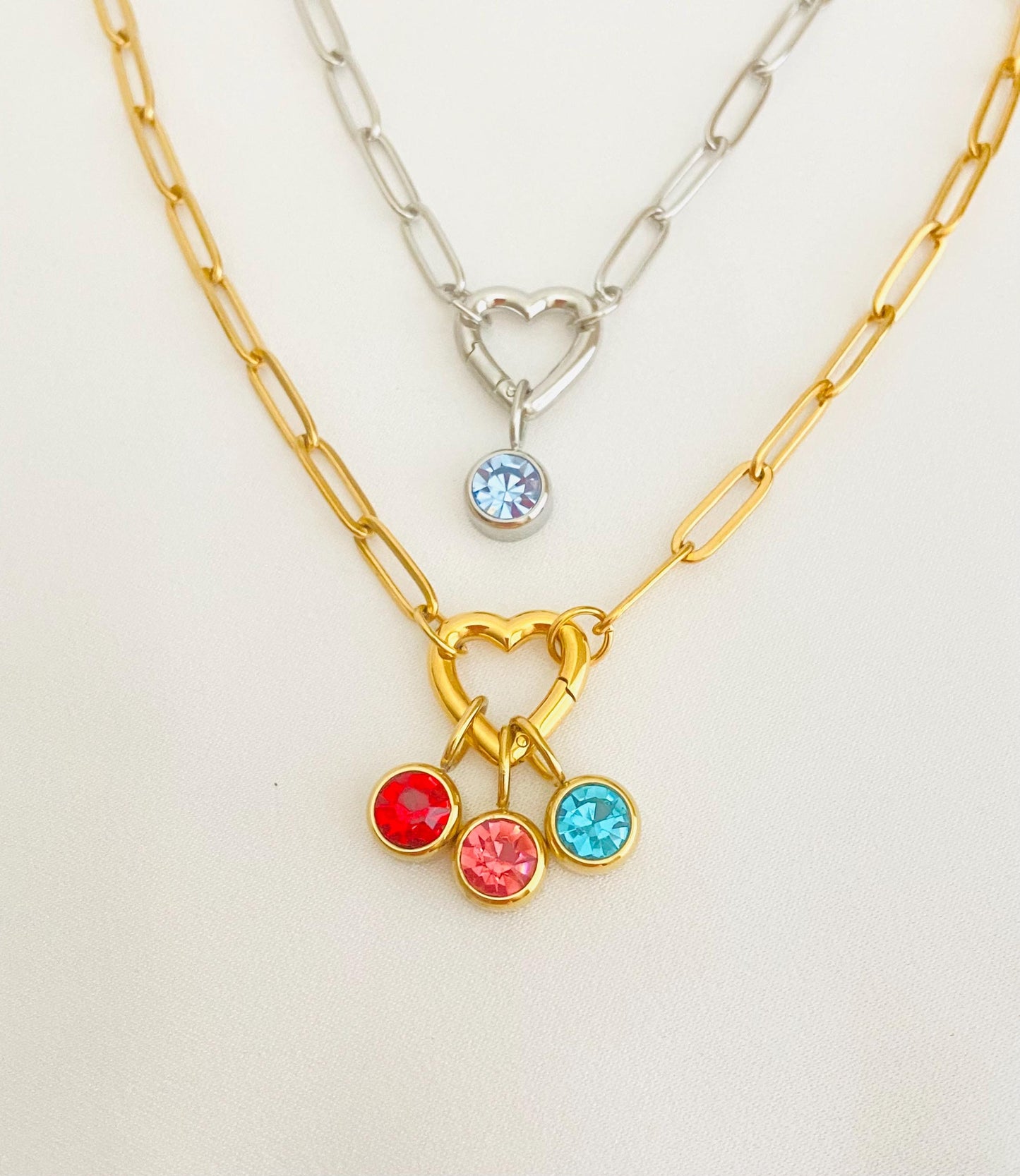 Personalized Birthstone Necklace with Heart Charm Holder • Custom Family Birthstone Necklace