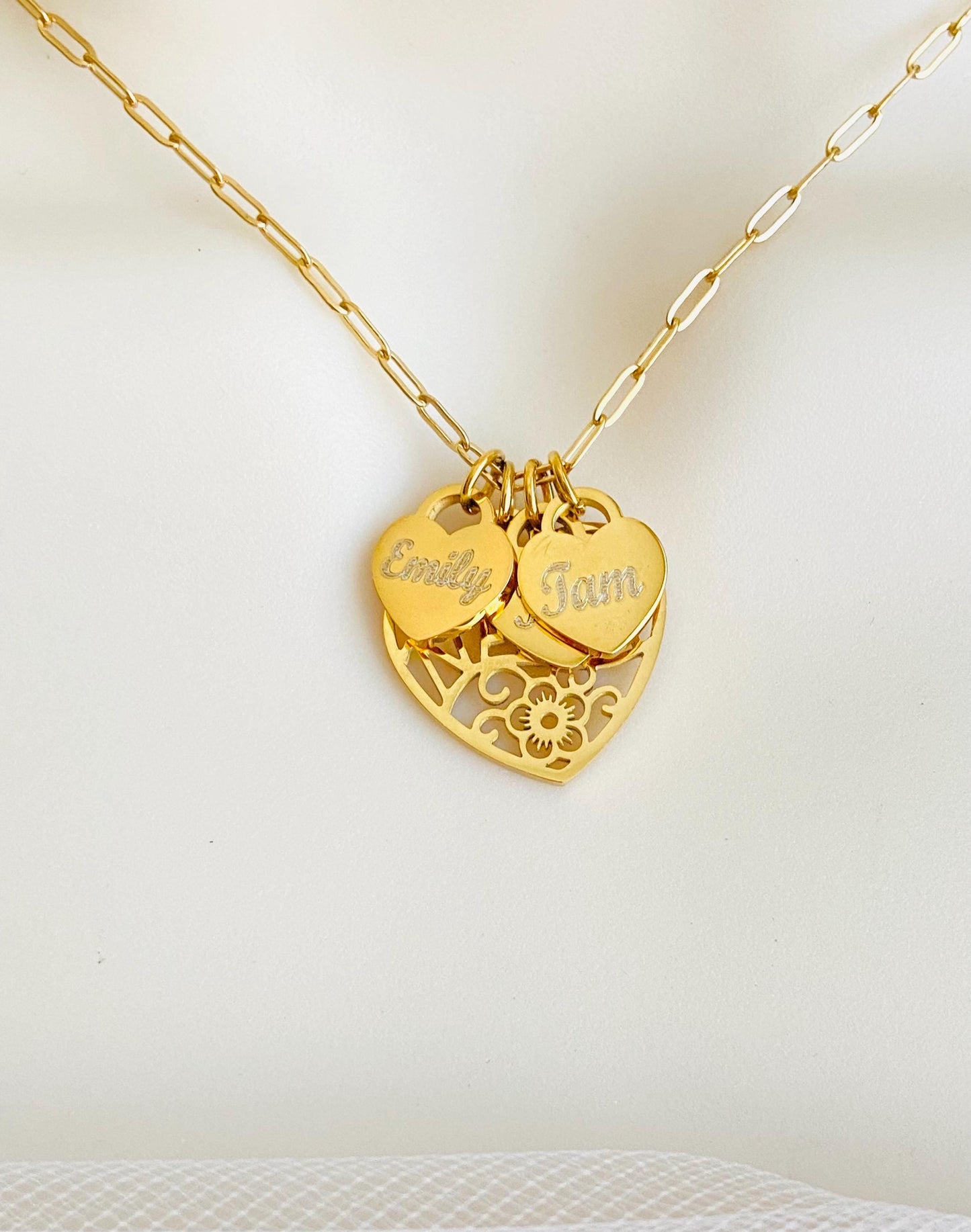 Personalized Nana Necklace with Engraved Heart Charms • Custom Grandma Necklace in Stainless Steel or Gold