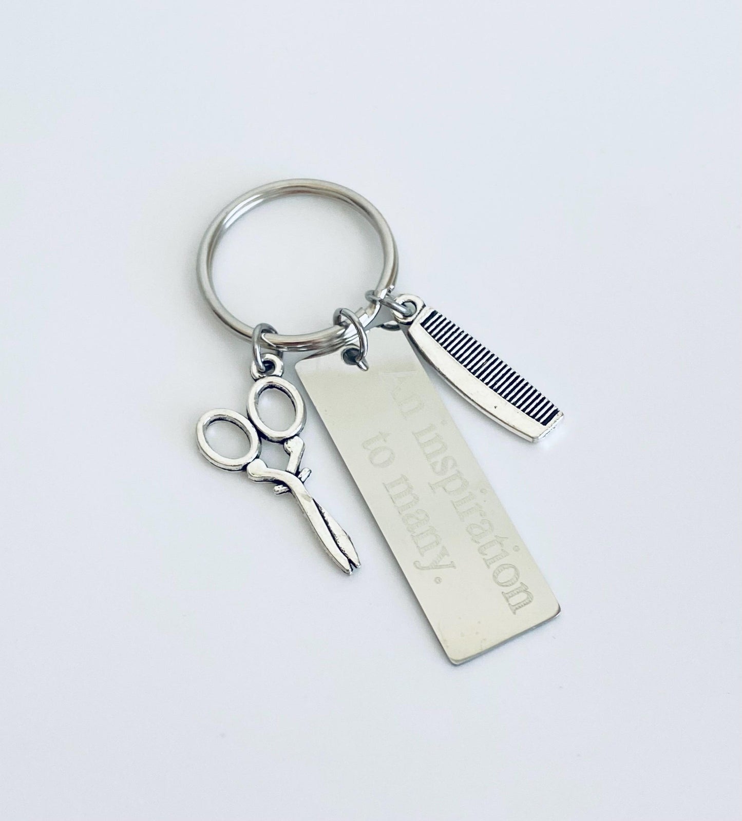 Personalized Hair Stylist Keychain with Comb and Scissor Charm • Engraved Gift for Hairdresser, Barber or Cosmetologist