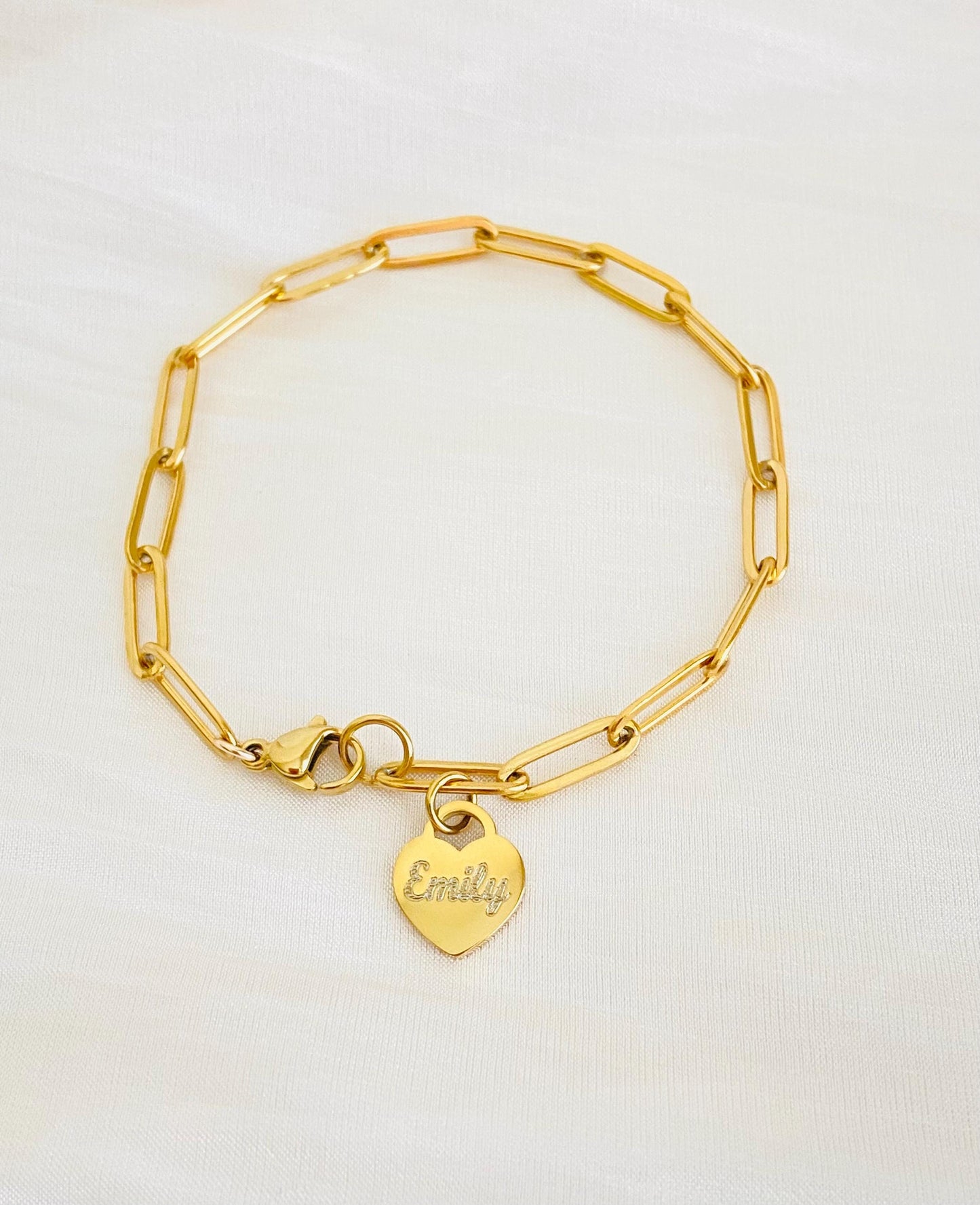 Stainless Steel Paperclip Chain Bracelet with Personalized Heart Charm • Custom Engraved Bracelet in Silver or Gold