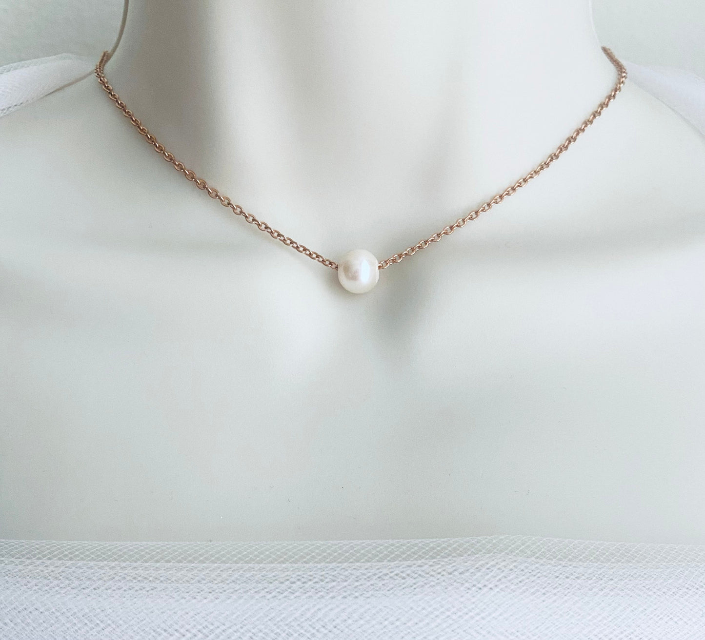 Stainless Steel Floating Pearl Necklace • Big Hole Pearl Necklace in Silver, Gold or Rose Gold
