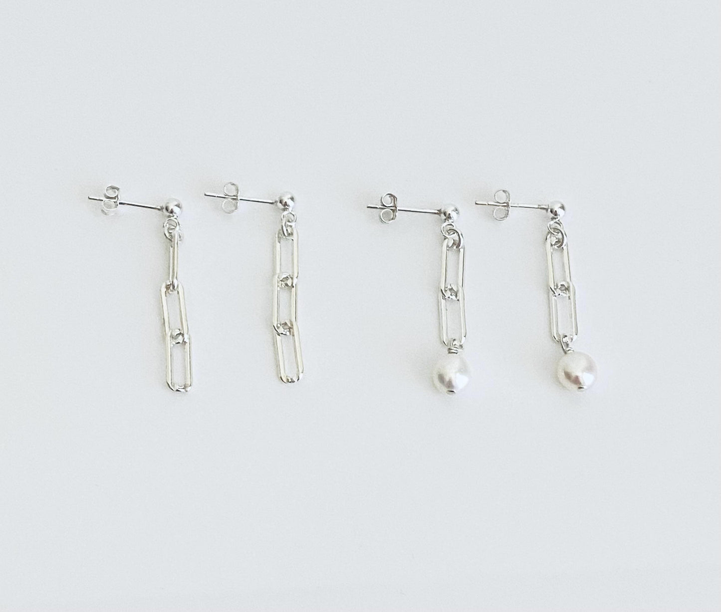Sterling Silver Paperclip Dangle Earrings • Minimalist Earrings with Plain Link or Freshwater Pearl